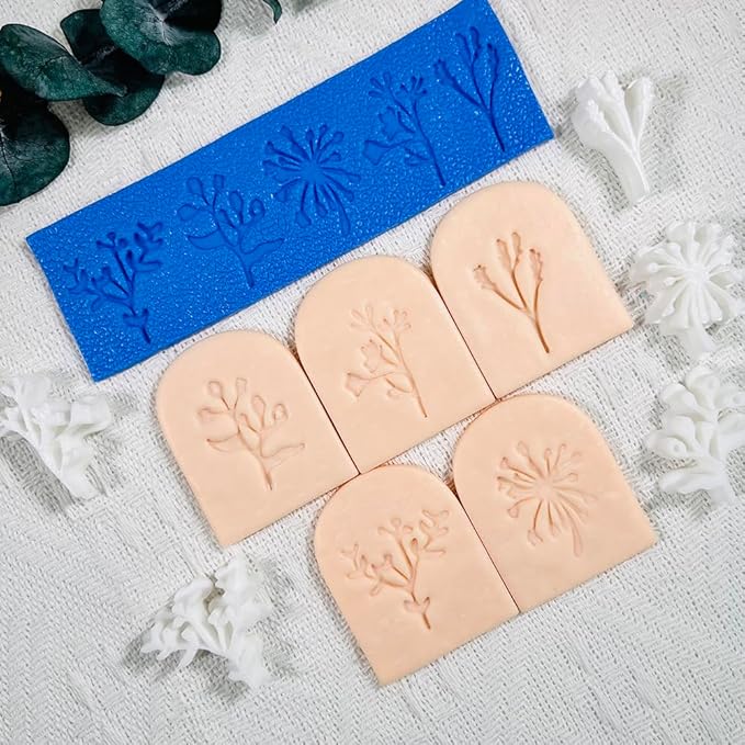 Xaekicr Polymer Clay Molds – 5PCS Botanical Texture Stamps with Flower & Leaf Patterns, Clay Cutters and Tools for Polymer Clay Jewelry and DIY Earring Crafts