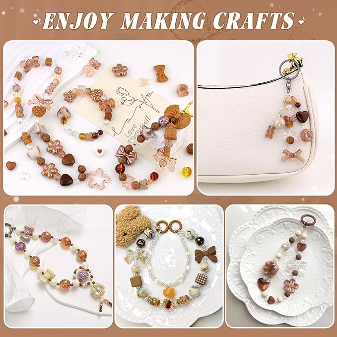 200-260pcs tinkrstuff assorted acrylic beads brown cute beads for bracelet making, aesthetic gummybear bow flower candy butterfly kawaii charms for jewelry making diy necklace keychain phone charm