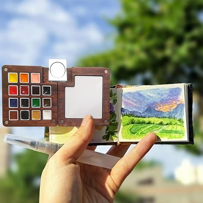 Mini Paint Palette Travel Kit - Mini Travel Watercolor Palette Set, Pocket Artist Water Color Travel Set with Colours, Watercolor Book, Binder Clips, Pens,Wooden Paint Box for Painters Artists Student