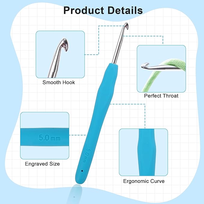Crochetbox Crochet Hooks Set, 9 Size 2mm(B)-6mm(J) Ergonomic Handles Crochet Hooks with Case for Arthritic Hands, Kintting Needle with Crocheting Tool for Crocheters