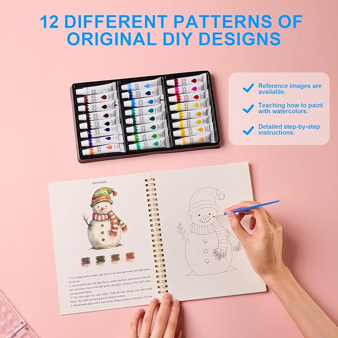 Watercolor Workbook, Water Coloring Book, 24 Colors Watercolor Paint Set with Palette and Brush, 12 Different Patterns of Original DIY Designs, Beginner-Friendly Watercolor Workbook (Christmas)