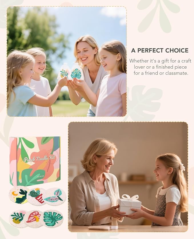AceList 6PCS Plant Punch Needle Kit for Coaster, Easy DIY Embroidery Kit for Beginners, Adults & Kids Craft Kits, Birthday Gift with Patterns, Tools, Yarns, Hoop, Instructions, Practice Piece