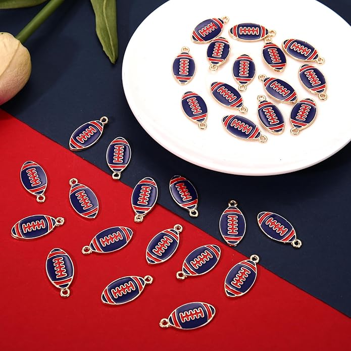 NVENF 30PCS Football Charms for Jewelry Making, Enamel Football Charms for Bracelet Necklace Earrings Making, Red Black White Blue Purple Orange Game Day Football Charm Bulk