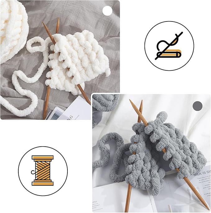 MABOZOO Assorted Chunky Yarn for Crocheting, Hand/Arm Knitting,8 Pack Fluffy Jumbo Chenille, Soft Plush Bulky Yarn,Giant Thick Fuzzy,4 White & 4 Grey, 31.7 Yds/8 Oz Each
