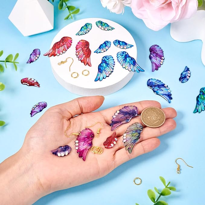 FASHEWELRY 20Pcs Resin Angel Wing Charms for Jewelry Making, Bright Color Fairy Wing Earring Charms Colorful Feather Pendant Earrings Making Kit Earring Hook Jump Rings