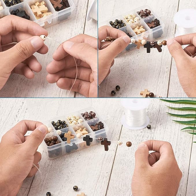 KISSITTY Rosary Making Kit Cross Rosary Beads 8mm Easter Round Wood Acrylic Cross Spacers Cross Pendant Beads for DIY Jewelry Making About 211pcs/box