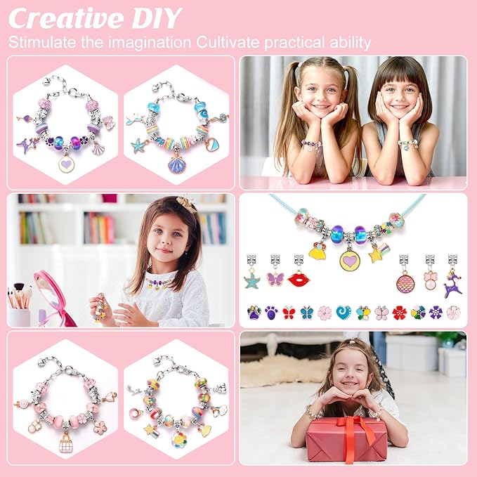 YJK Charm Bracelet Making Kit, DIY Jewelry Making Kit Christmas Gifts for Girls 5-12 Years Old, Beaded Jewelry Making Kit with Jewelry Box, Creative Crafts for Girls (Multicolor)