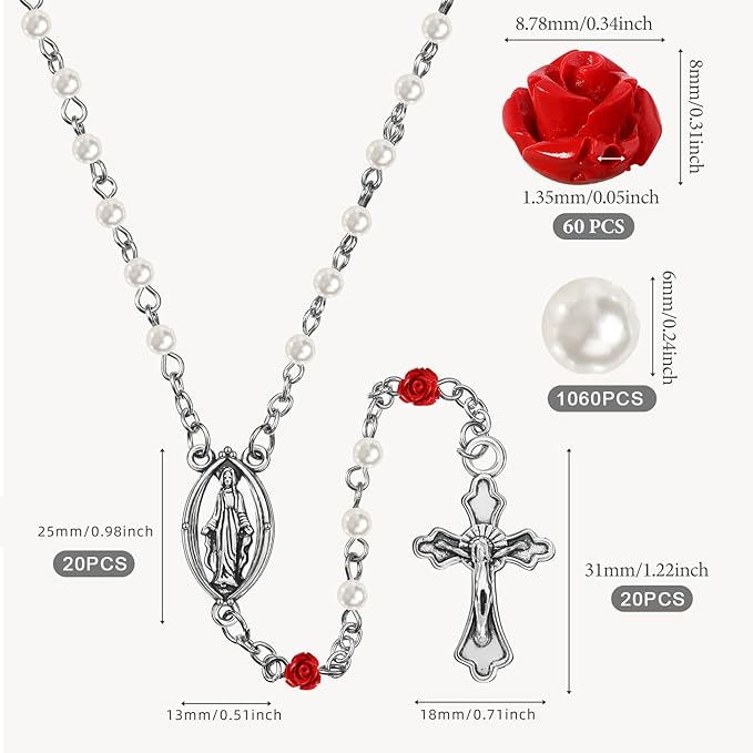 Highergo 1220 Pcs Rosary Making Supplies Rosary Pearl Beads Carved Rose Cross Centerpiece Crucifix Medal Silver Jesus Maria Pendant for Bracelet Necklace Jewelry, Red