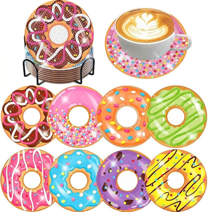 igoodom 8 Pcs Diamond Art Coasters Kit with Holder, DIY Donuts Diamond Painting Coasters for Beginners Adults, Non Slip Diamond Art Kits Craft Supplies 4x4inch