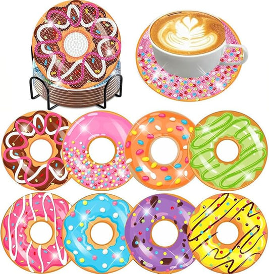 igoodom 8 Pcs Diamond Art Coasters Kit with Holder, DIY Donuts Diamond Painting Coasters for Beginners Adults, Non Slip Diamond Art Kits Craft Supplies 4x4inch