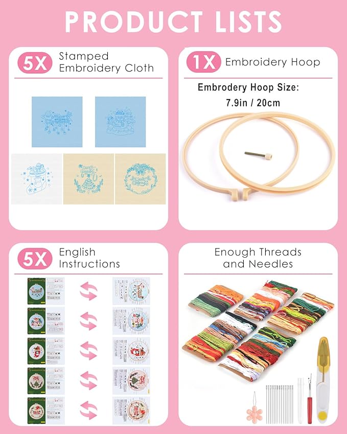 TINDTOP Christmas Embroidery Kit for Adult, 5 Pack Embroidery DIY Starter Kit, with Stamped Patterns, Hoop, Tools, Colorful Threads with Needles, Instructions
