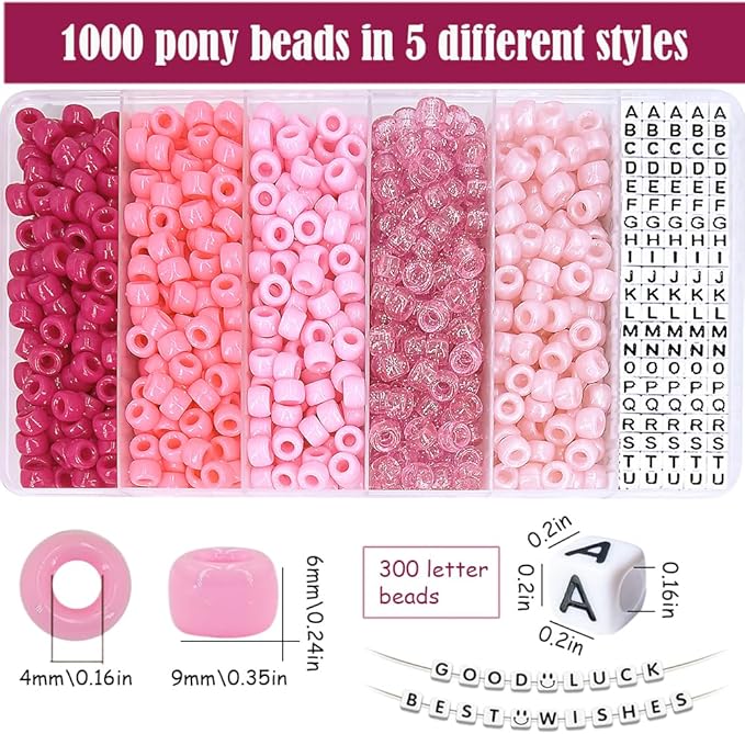 MIIIM 1300 Pcs Pony Beads Kit for Friendship Bracelet, 6 Styles Kandi Bracelet Kit in Box with Individual Compartments, Hair Beads for Braids, Letters (Pink Shades)