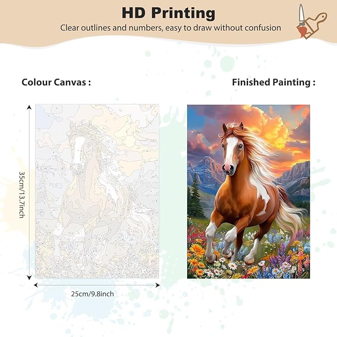 EOBROMD Framed Paint by Numbers Kits for Adults - Wooden Easel, Animal Horse DIY Kits Crafts for Beginner on Stretched Canvas, 3 Brushes and Acrylic Paint for Home Decor 10x14 Inch