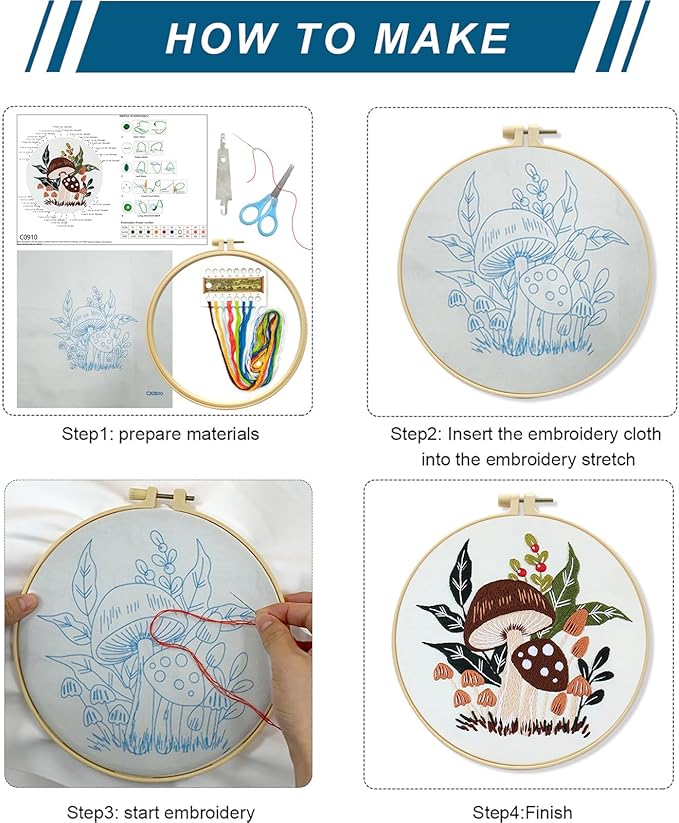 Zhenqing Woodland Mushroom Embroidery Kit for Beginners - 29x29cm Printed Fabric with Hoop & Full Tools(S-CX0910)
