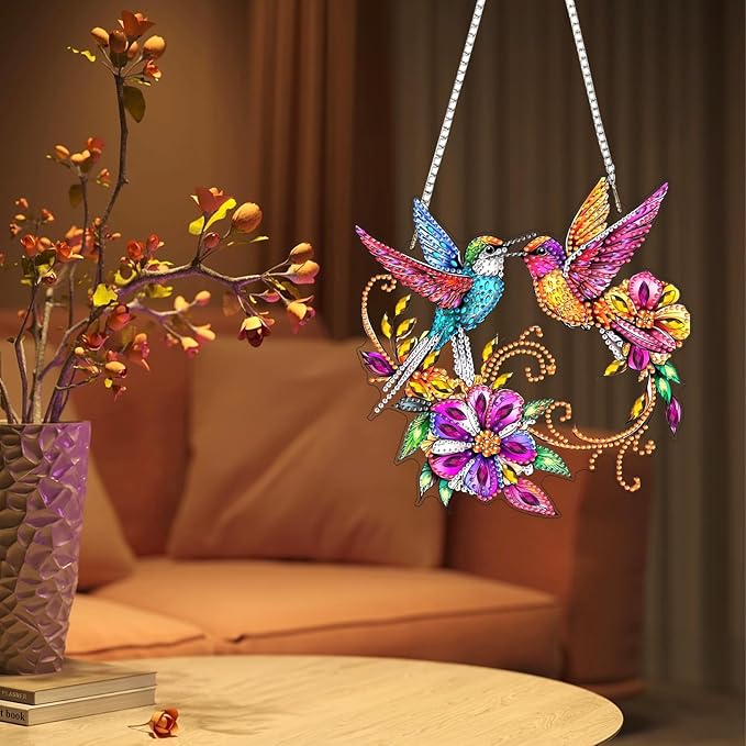 Lxmsja DIY Colorful Hummingbirds Diamond Painting Hanging Ornament, Double-Sided Acrylic Bright Flowers Diamond Art Kit, Special Shaped Suncatcher Hanging Pendant Window Art Kit 8x8 inch