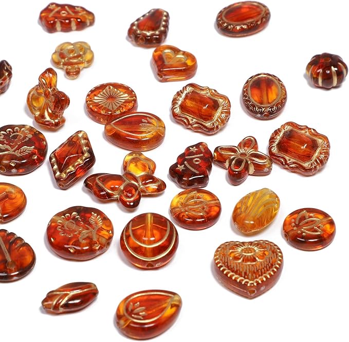 7.5 OZ Assorted Vintage Acrylic Beads for Jewelry Making, Song Xi Unique Flower Rose Czech Beads for Bracelet Earrings, Bohemia Style, Bulk, Arts and Crafts, DIY Holiday Gift (240-260 PCS, Amber)