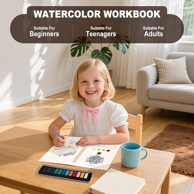Metyond Watercolor Workbook - Watercolor Coloring Book with 1 Workbook 12 Colors Paint Set with Brush, Beginner Friendly Watercolor Workbooks Set Gift for Adults Teens (Bouquet)