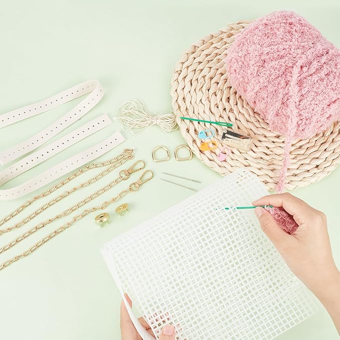 WADORN DIY Knitting Crochet Bag Making Kit, Handmade Woven Tote Bag Making Materials Set Women Shoulder Bag Making Accessories Hand Crafting Yarn Weaving Kit Birthday Christmas Gift, Pink