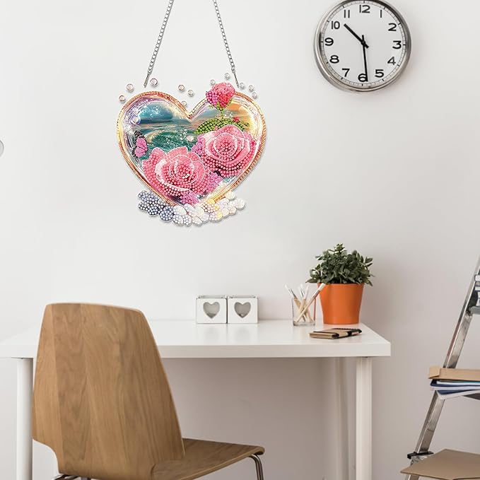 Miwixy Roses in Love Hanging Diamond Art Kits for Adults,Valentine Beach Special Shaped Crystal Diamond Painting Ornament Kit DIY Double-Sided Pattern Window Pendant Gem Art for Home Wall Decor