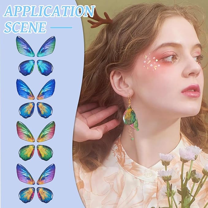 FASHEWELRY 16Pcs Resin Fairy Wings Earring Charms Dark Blue Green Butterfly Wing Pendants Opaque Insect Feather Charms with Jump Rings Earrings Hooks for DIY Earring Jewelry Making
