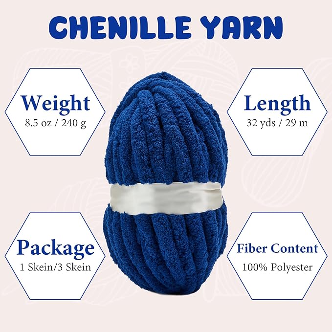 Chunky Yarn for Hand Knitting, Jumbo Chunky Yarn for Crocheting, Chunky Chenille Yarn, 1 Pack (32 yds 8.5 oz Each Skein),#7, Navy