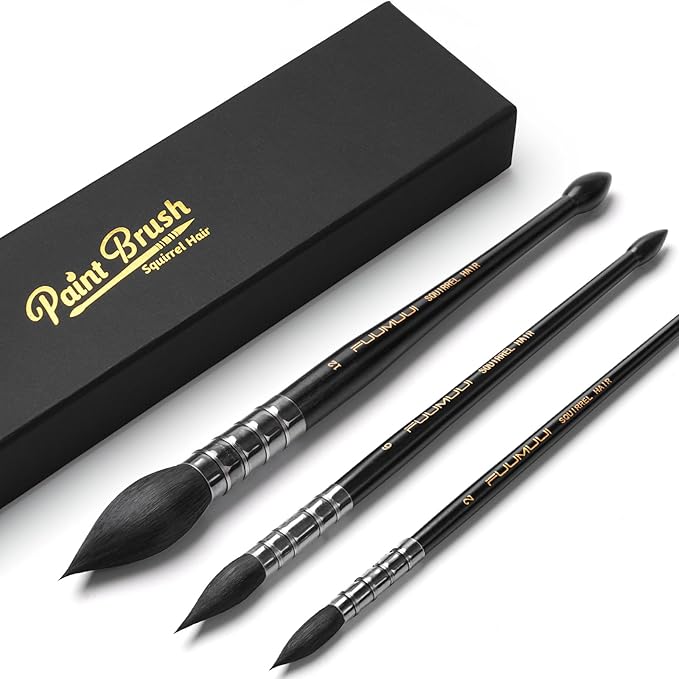 3PCS Squirrel Hair Watercolor Brushes, Fuumuui Professional Mop Round Quill Detail Fine Tip Watercolor Paint Brush Set for Water Color Gouache Ink Painting - Sizes #2, 6, 12