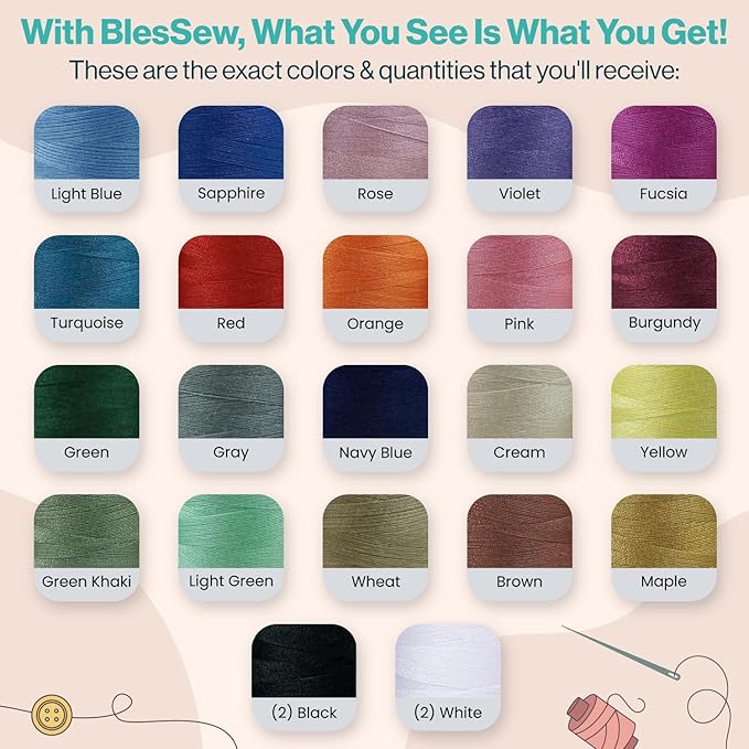 BlesSew Sewing Thread - 24 Spools of Polyester Thread for Sewing Machine for Beginners, Hand Stitching & Quilting - 1000 yds Each in 22 Colors + Bonus Black & White