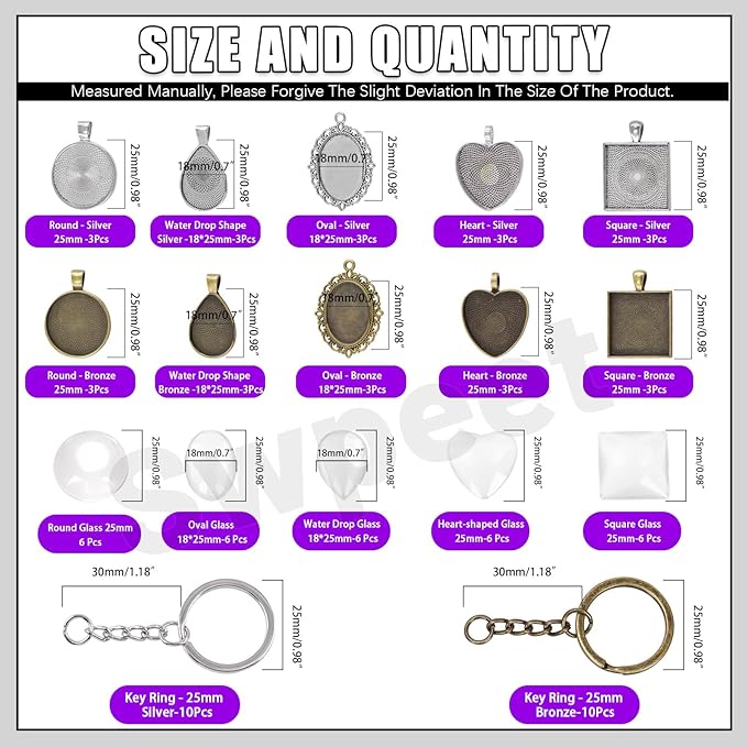 Swpeet 100Pcs 5 Shape Round/Teardrop/Heart/Oval/Square Pendant Trays Kit for Jewelry Making, Bezel Pendant Trays, Clear Glass Cabochons Tiles, Key Ring with Chain and Waxed Necklace Cord for Crafts