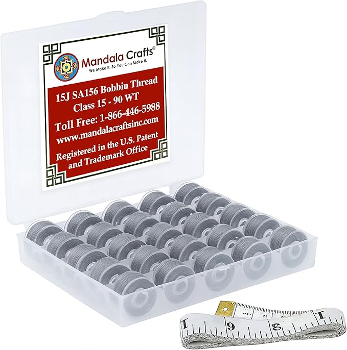 Mandala Crafts 25 Gray SA156 Prewound Bobbins for Singer Sewing Machine -15J SA156 Prefilled Bobbin Thread for Brother Sewing Machine and Embroidery