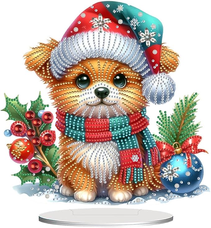 LAKEQUILL Christmas Diamond Painting Kits, Tabletop Ornament, Stand Up Diamond Art Desktop Kits for Home Office Decor, New Year Gift - Christmas Dog