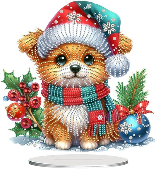 LAKEQUILL Christmas Diamond Painting Kits, Tabletop Ornament, Stand Up Diamond Art Desktop Kits for Home Office Decor, New Year Gift - Christmas Dog