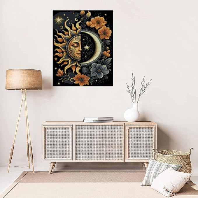 mybisymqq stamping cross stitch kit sun and moon, round counting cross stitch kit for adult beginners, full line diy cross stitch stitching kit for home decor cross stitch patterns 11.8x15.7inches