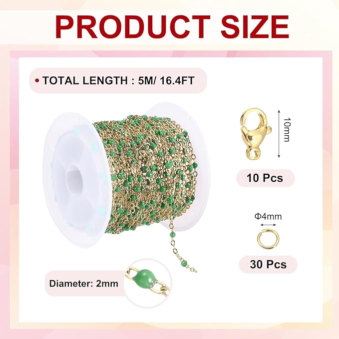 MECCANIXITY Stainless Steel Bead Chain, 16.4 Feet/5M Enamel Beaded Jewelry Link Cable Chains Spool Kit for Jewelry Making, Necklace, Bracelets, DIY Crafts (Gold/Dark Green, Pack of 1)