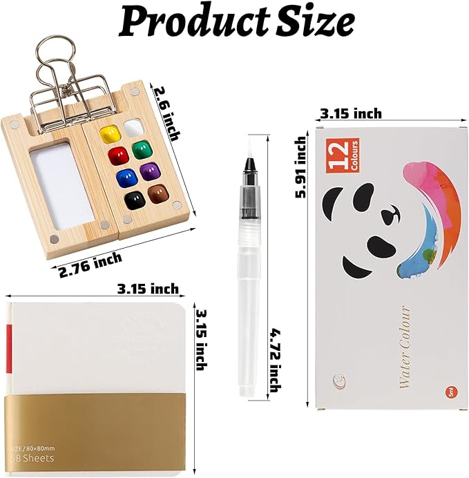 Mini Watercolor Paint Set Pocket Artist Watercolor Travel Set with Mini Paint Palette,Brushes, 12 Colors, Watercolor Sketchbook for Artists Painters Students(Bamboo)