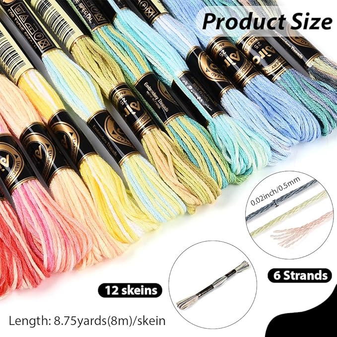 12 Skeins 105 Yards 6 Ply Variegated Cross Stitch Floss Polyester Embroidery Thread Gradient Colorful Friendship Bracelet String Yarn Bulk for Sewing Making Jewelry Needlecraft Knitting DIY