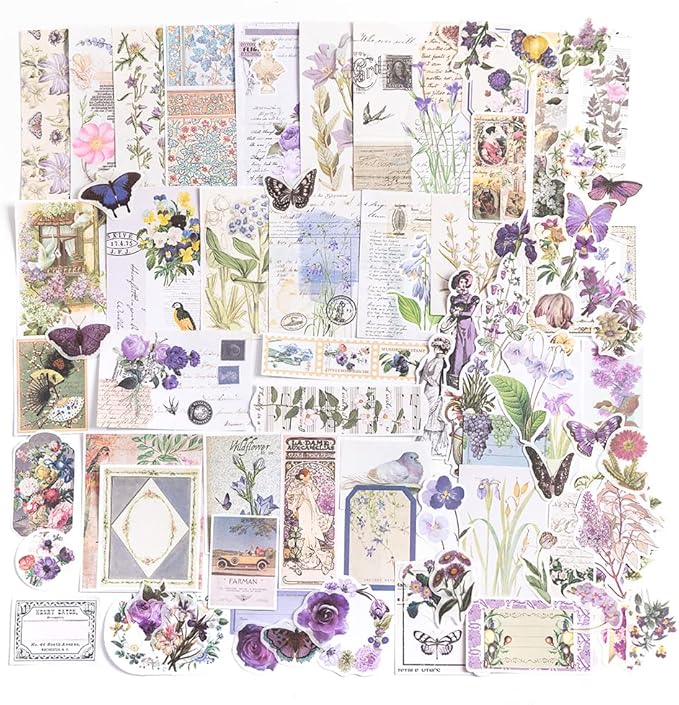 Alideco 200pcs Vintage Scrapbook Stickers Kawaii Purple Floral Scrapbooking Paper Washi Junk Journaling Supplies Collage Album Aesthetic Cottagecore Picture Frames(Butterfly)