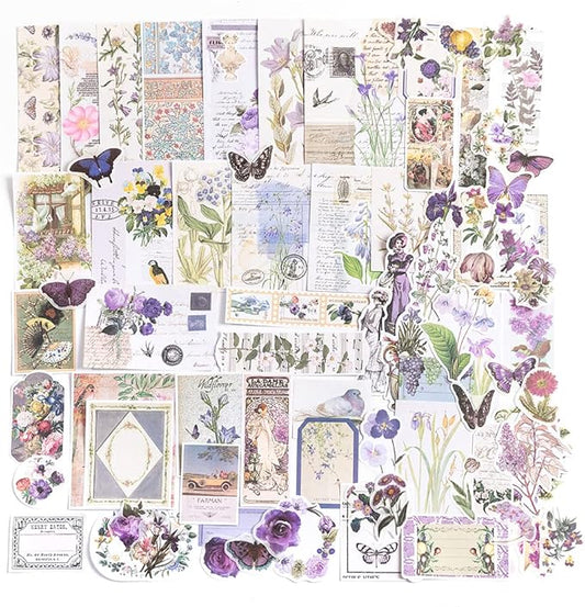 Alideco 200pcs Vintage Scrapbook Stickers Kawaii Purple Floral Scrapbooking Paper Washi Junk Journaling Supplies Collage Album Aesthetic Cottagecore Picture Frames(Butterfly)