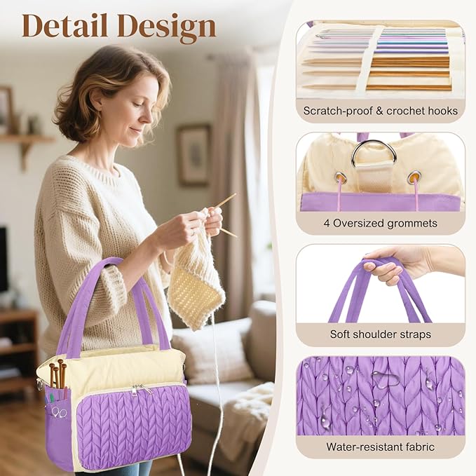 DALINDA Crochet Bag Organizer,Yarn Bag and Tote- Yarn Storage with Multiple Pockets for Crochet Supplies, Knitting Bag for gifts,Portable & Durable(Brown)