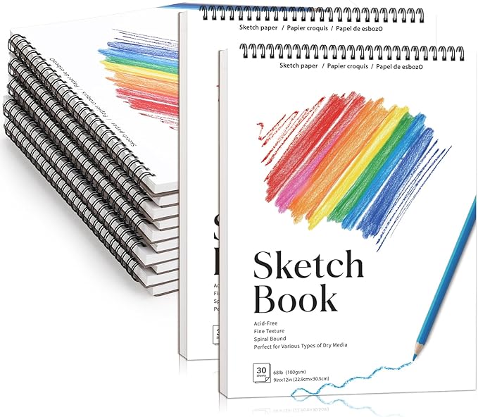12 Pack Sketch Books, 9 x 12 Inch Sketchbook, 68lb/100gsm Spiral Bound Sketch Pad, Acid Free Art Supplies Drawing Painting Sketchbook for Kids, Beginners, Artists