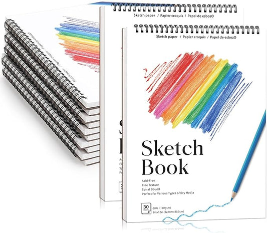12 Pack Sketch Books, 9 x 12 Inch Sketchbook, 68lb/100gsm Spiral Bound Sketch Pad, Acid Free Art Supplies Drawing Painting Sketchbook for Kids, Beginners, Artists