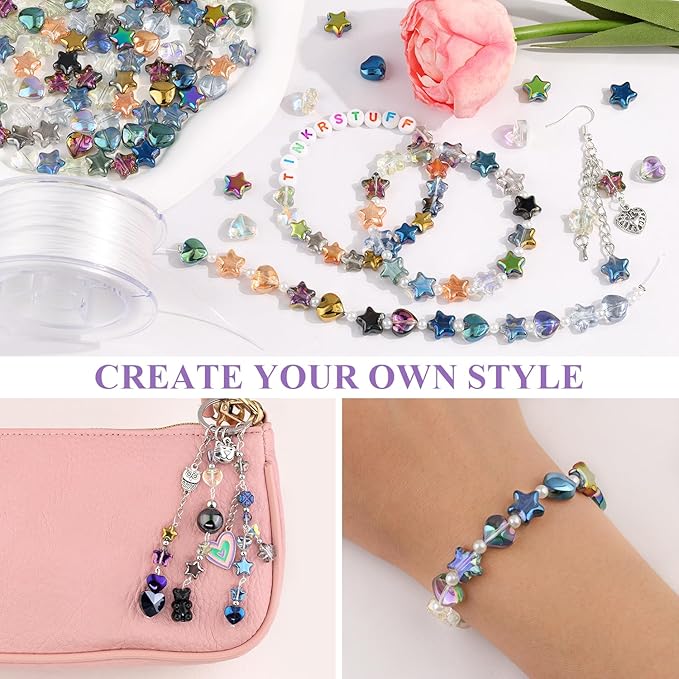 200PCS 10MM Glass Star Beads Bedazzling Irisedent Glass Beads,Crystal Star Beads Heart Beads,Eletroplated Mixed Colors Cute Bead for Necklace Bracelet Jewelry Making, Spacer Bead for Crafting & DIY