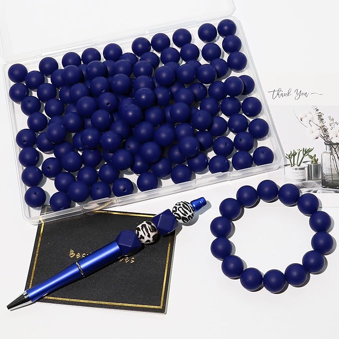 120pcs Richbunnys 15mm Bulk Silicone Beads for Pens and Keychain Making,Large Bead for Necklace and Bracelets Making,Assorted Rubber Beads Set(Navy Blue)