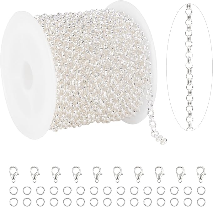 KYUNHOO 5 Meters Small Circle Chain for Jewelry Making Silver Plated Necklace Chains Bulk with Jewelry Connectors for Handcraft DIY