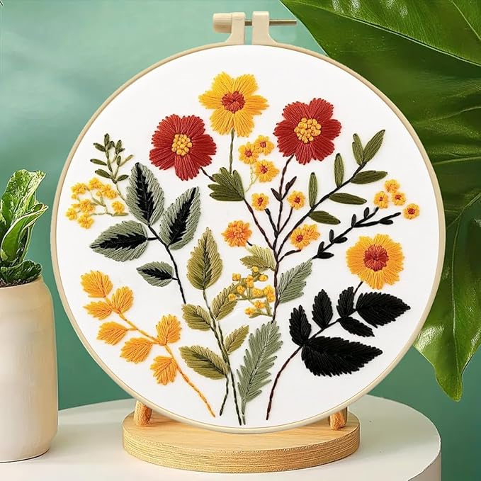 Zhenqing Floral Embroidery Kit for Beginners - Complete Set with Pre-Printed 29x29cm Cotton Fabric, Hoop, Threads & Tools (C0126)