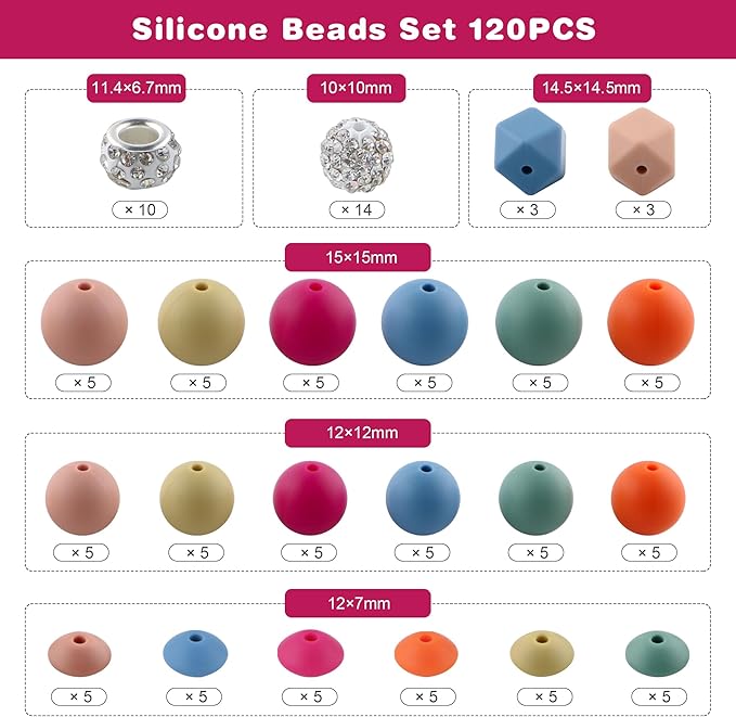 120Pcs Multicolor 12mm 15mm Silicone Beads for Keychain Making, 14mm Hexagon Beads Rhinestone Round Spacer 10mm for DIY Handicrafts(Deep)