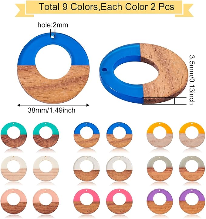 Beadthoven 18pcs/9 Pairs Natural Wood Resin Charms Hollow Round Circle DIY Earrings Pendants Mixed Colors Round Ring Wooden Pieces Pendants for Statement Jewelry Making Findings