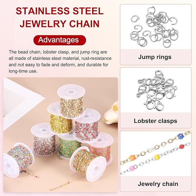 MECCANIXITY Stainless Steel Bead Chain, 16.4 Feet/5M Enamel Beaded Jewelry Link Cable Chains Spool Kit for Jewelry Making, Necklace, Bracelets, DIY Crafts (Silver/Colorful, Pack of 1)