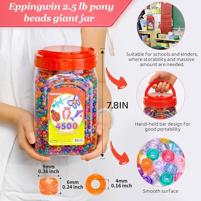 2.5 lb wholesale large pony beads (6x9 mm) bucket, easy storage glitter beads bulk, over 4500 pony bead for jewelry making, crafts (glitter)