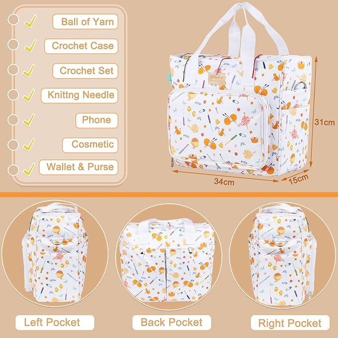 Coopay Large Tote Bag Travel Organizer Lightweight with Shoulder Strap for Crafts and Storage Supplies Crochet Knitting White