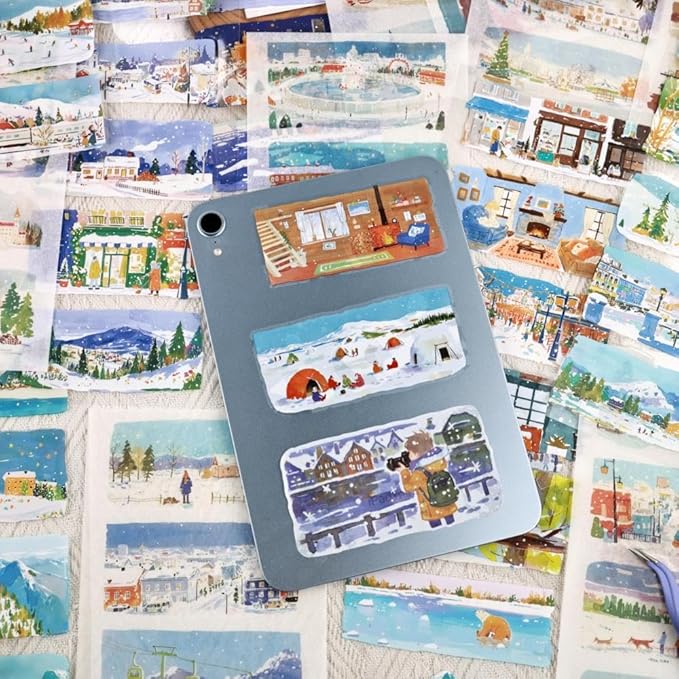 20 Sheets Pre-Cut Winter Scenery Scrapbook Sticker Book for Scrapbooking Supplies, Dual Washi and PET Materials Decorative Stickers for Journaling, Collage, Bujo, Crafts, 4.5 x 9.8 inches